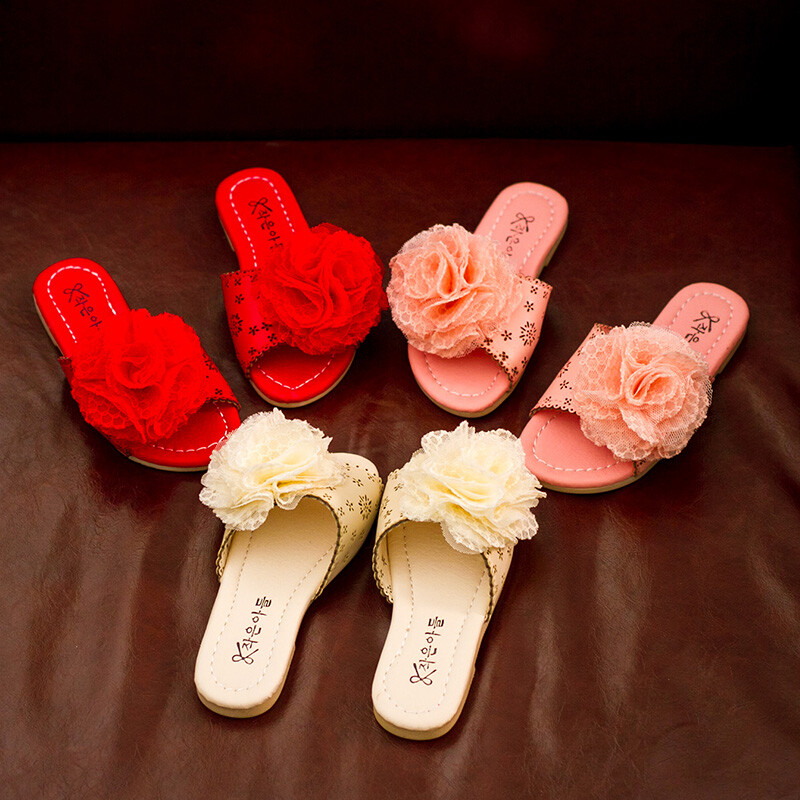 2016夏季花朵兒童拖鞋涼拖鞋潮女童防滑軟底小孩一字拖公主沙灘鞋 紅色 26